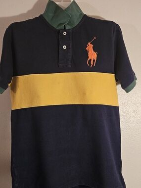 Polo by Ralph Lauren Navy Polo with Yellow Stripe and Orange Logo